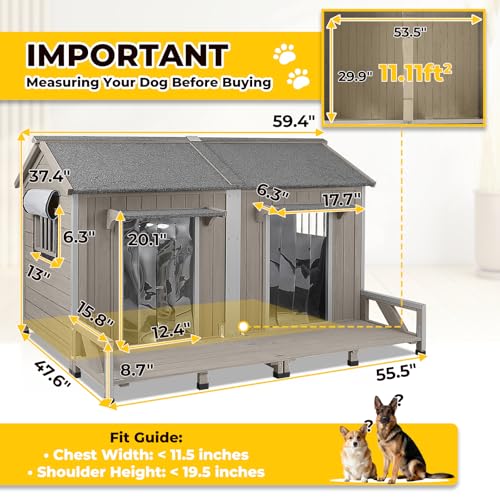 59\" Large Dog House for 2 Dogs XL Wooden Dogs House Outdoor with Weatherproof Openable Roof, Window, All-Around Iron Frame, Removable Floor, Large Balcony