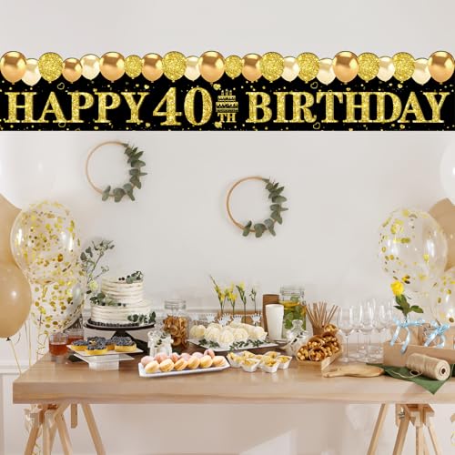 Image of Kuxriox Happy 40th Birthday Decoration for Men Women, Large 40th Birthday Banner Backdrop, Black Gold 40 Year Old Birthday Sign Party Supplies(9.8x1.6ft)