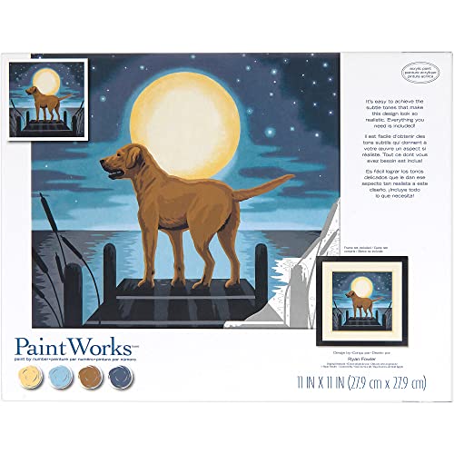 Image of PaintWorks 73-91857 Moonrise Dog Animal Paint by Number Kit for Adults and Kids, 11 inch x 11 inch, Multicolor, 12pcs