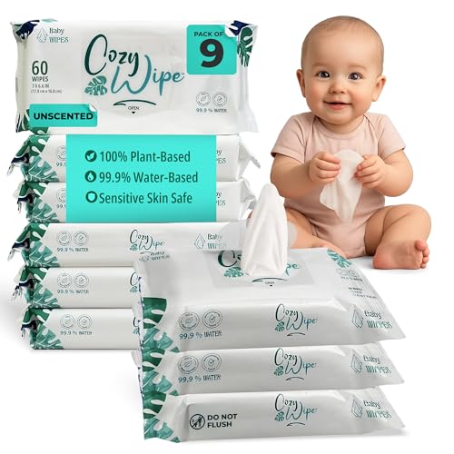 Image of Water Based Baby Wipes, 99.9% Purified Water, Unscented & Gentle for Sensitive Skin, Plastic-Free, 9 Packs (60 Wipes Each) – Safe for Newborns & Toddlers