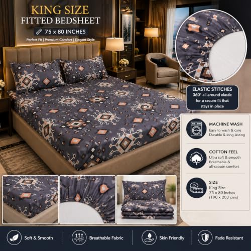 Image of King Size Fitted Bedsheet 75 inchx80 inch 2 Covers-Darkgrey