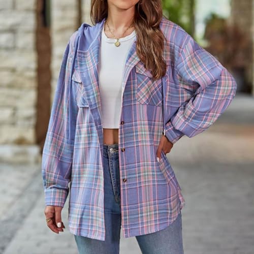 Ladies' Long Sleeve Shacket Plaid Hooded Blouse Jacket Soft Fabric and Stylish Pattern2