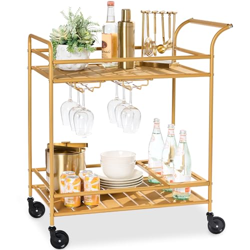 Best Choice Products Rolling Bar Cart, Mobile Home Bar Serving Cart, Serving Station w/ 2 Tier Shelves, Wine Rack, Lockable Wheels - Gold