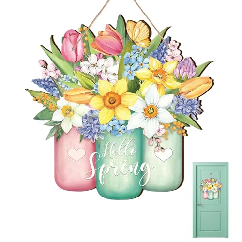Letrero de Puerta de Primavera, Cartel Para Puerta Flores, Cartel de Madera Decorativo, Hola Letrero de Primavera, Adornos de Madera, con Cuerda Colgante, para Puerta Principal y Jardín (C)