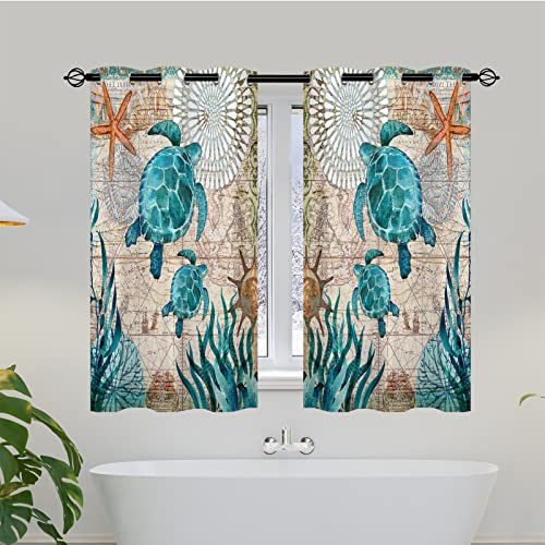 Anhope Sea Turtles Curtains, Teal Turtles Coral Reef With Nautical Map And Starfish Ocean Sealifes Beach Theme Pattern Waterproof Grommet Window Drapes For Bedroom Bath Window 2 Panels W27.5 X L39 #TOP2