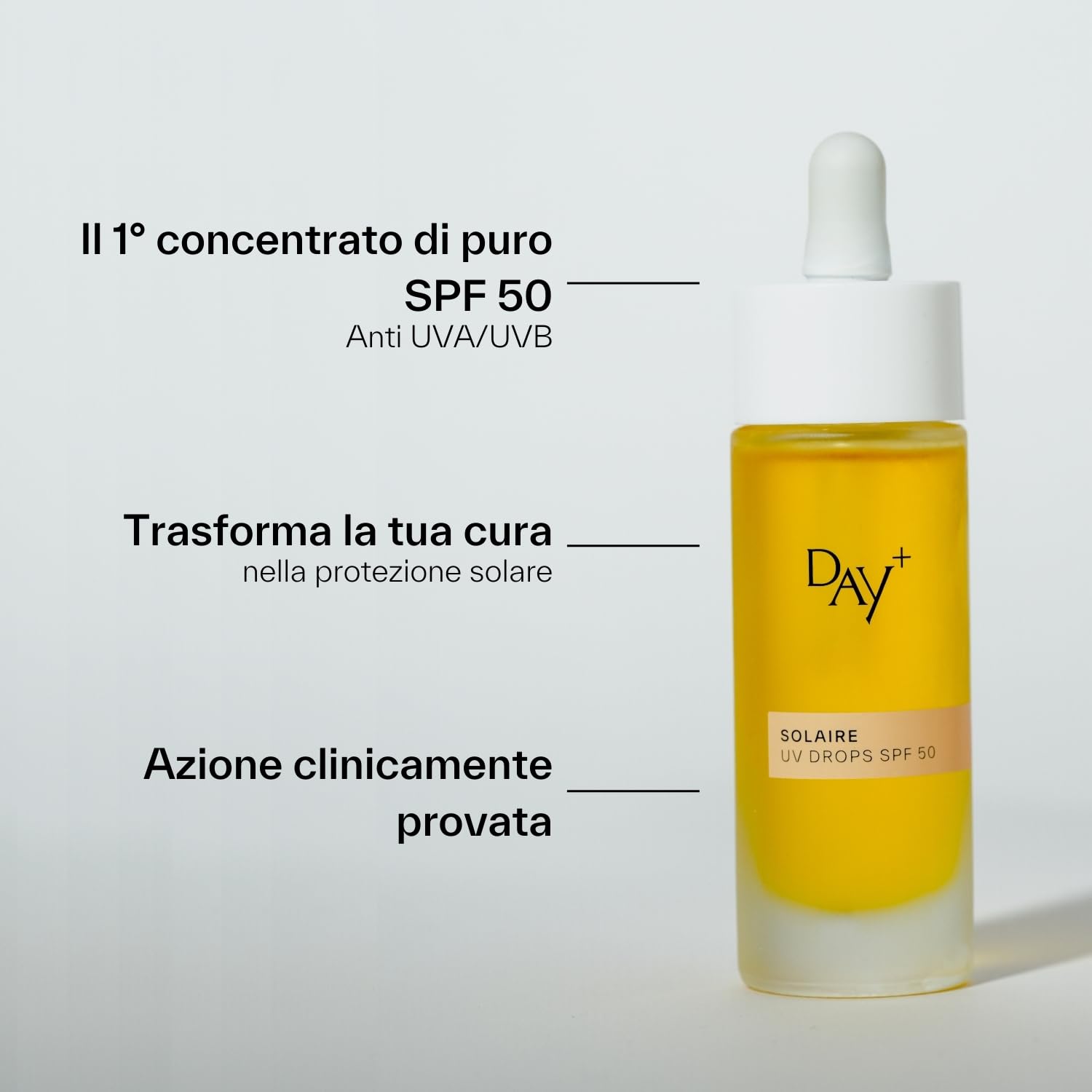 DAY+ | UV DROPS SPF 50 | Siero Viso Concentrato Solare ad Alta Protezione | Protegge dai raggi UVA/UVB, Contrasta le rughe e l'invecchiamento cutaneo, Idrata | Karanja, Buriti, Semi d'Uva | 30 ml