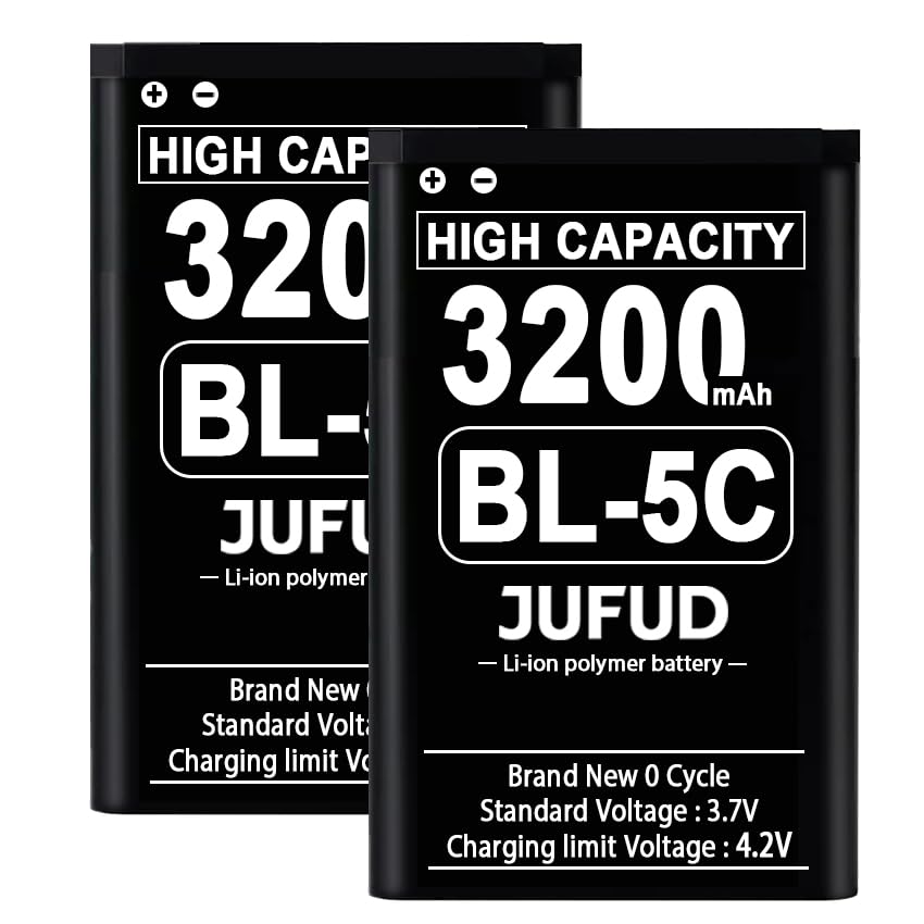 JUFUD Compatible BL-5C Battery,3.7V 3200mAh Rechargeable Battery Suitable, Compatible for Household Radio, Nokia with Current Protection (2 Pieces)
