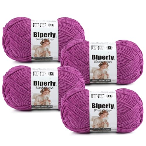 Image of Skinny Chenille Yarn for Crocheting, #2 Purple Thin Baby Blanket Plush Yarn | 4 Pack of 158 Yds, 1.7 Oz Sport Fingering Weight Fine Yarn, Soft Fluffy Velvet Yarn for Crochet knitting Blankets, Amigurumi