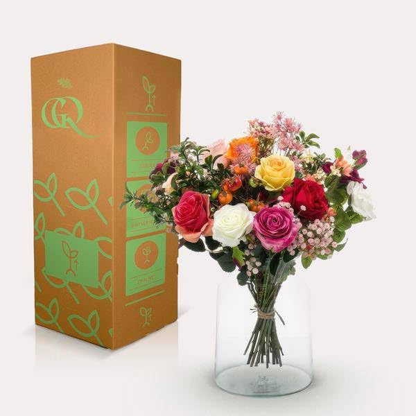 Kunstblumenstrauß Flammenrosen 45cm | Handgebundener Strauß mit Kunstrosen, Beeren & Laub, Hochwertige künstliche Blumen, Für Zuhause & Geschenkideen