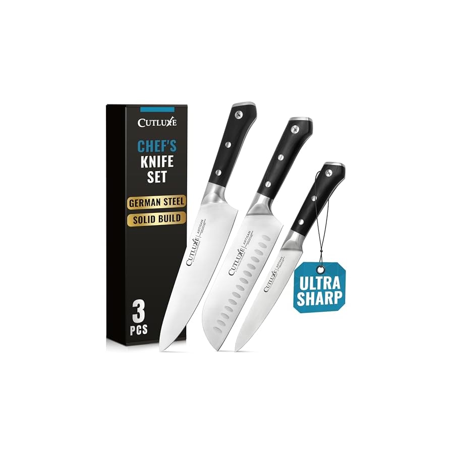 Cutluxe Chef Knife Set, 3 PCS Professional Chef's Knife Set – Razor Sharp German Steel, Full Tang, Ergonomic Handles - Artisan Series
