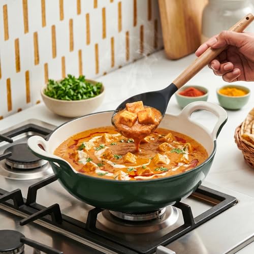Image of CUMIN CO. Cast Iron Kadai with Lid | 3L, 26 cm | Induction Base Cookware |10 Years Warranty | Non Toxic Heavy Bottom Kadhai for Frying | Chemical Free Coating | Free Accessories | Green