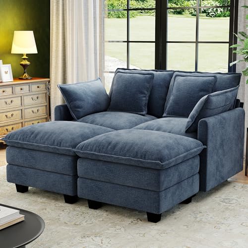 Image of 58 inch Cloud Couch Sectional Modular Sofa, Deep Seat Couches with Ottoman and Removable Washable Pillows for Living Room, Bedroom, Apartment, Blue