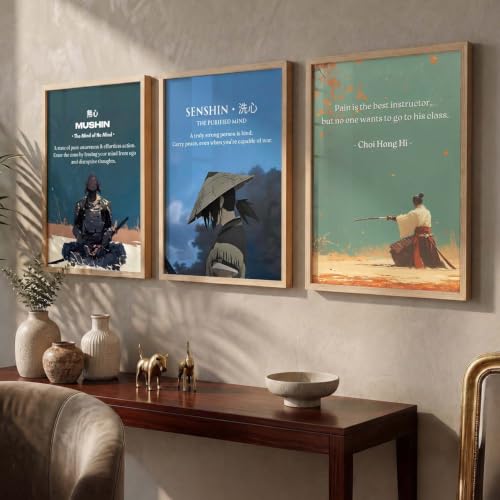 Image of kotart Japanese Samurai Motivational Art Framed Posters for Living Room Bedroom Gaming Room Studio | Aesthetic Japanese Theme Samurai Poster with Frames Wall Decor Set Of 3 (10X13 inch)