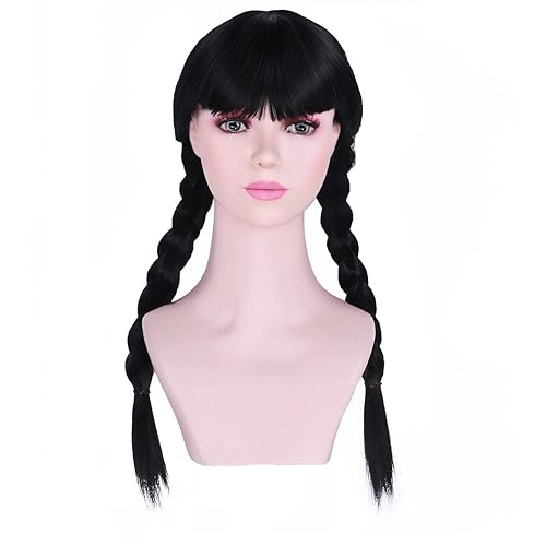 Peluca negra para niñas y niños, peluca larga y recta trenzada negra con flequillo peluca sintética para cosplay infantil con gorra de peluca