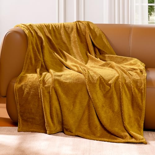 blunique Fleece Throw Blanket for Couch Plush Warm Blankets for Bed Fuzzy Cozy Flannel Blanket Throw for Sofa Travel Jacquard Pattern Yellow 51x63 Inches
