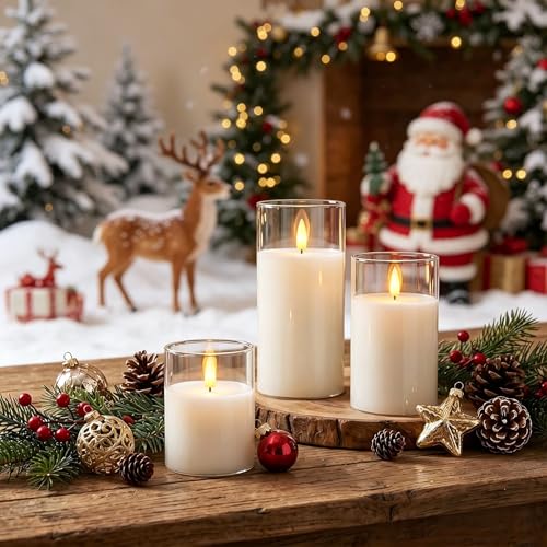 Image of VIEWELLD Clear Glass Flameless Candles with Remote Timer, Battery Operated Candles, Flickering LED Pillar Candles Set of 3