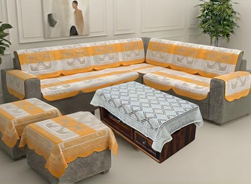 Image of Fab Nation Sofa Cover L Shape 7 Seater with Corner L Type Sofa Set for Living Room | Cotton Sofa Slipcovers for 4 + 3 Seaters Cover with 2 Arms + 2 Setty Covers + 1 Table Cover | Yellow