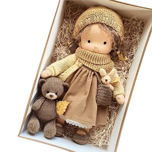 EHOTER Waldorf Handmade Puppe Plüsch Waldorfpuppen Geschenke Stricken Wolle Haar Puppe Gefüllte Plüsch Glückliche Prinzessinnenpuppen Überraschung Geschenk Zur Geburt Oder Taufe (Kahki) Cover