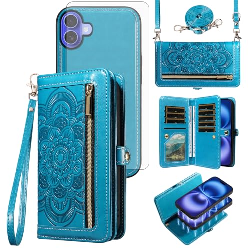 Coque iPhone 16 fleur mandala avec bandoulière pour garder les mains libres en voyage