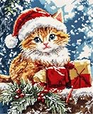 NAHUIGOOD Kit De Punto De Cruz De 11Ct Kit Punto De Cruz Tela Impresa Principiantes Completo DmcGato navideño 11CT40x50cm