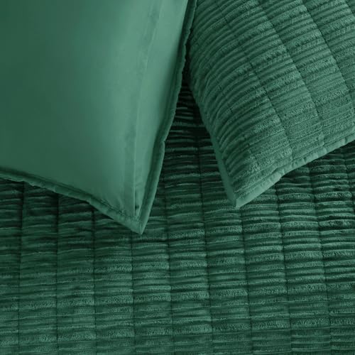 Image of Wonderful Corduroy Texture Hunter Green Quilt Set Queen - Hypoallergenic Skin-Friendly Soft Plush Velvety Touch Bedspread, Classic Vertical Striped Lightweight Coverlet for All Season, 106 inchx94 inch