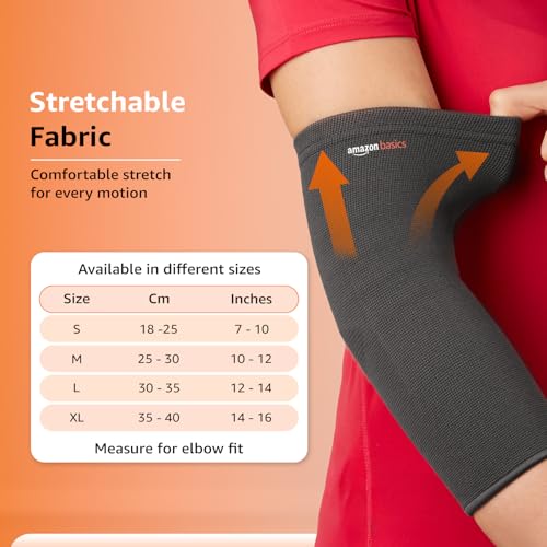 Image of Amazon Basics Elbow Support Sleeve | Even Compression for Elbow Comfort | Breathable Fabric | Padded Design for Daily Stability | Unisex | Medium