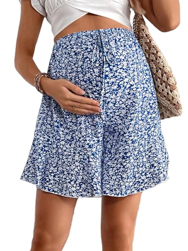 Image of MakeMeChic Women's Maternity Shorts Ditsy Floral Tie Front Adjustable Waist Pregnancy Shorts Blue Small