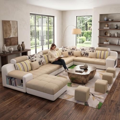 Image of Torque Callister 12 Seater Sofa Set for Living Room (Beige) | Interchangeable U Shape Sectional Sofa | Solid Wood Frame & High-Density Supersoft Foam | Includes Puffy & Stool | Modern Home Furniture