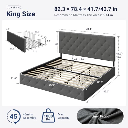 Image of Allewie Upholstered King Size Platform Bed Frame with 4 Storage Drawers and Headboard, Diamond Stitched Button Tufted, Mattress Foundation with Wooden Slats Support, No Box Spring Needed, Light Grey