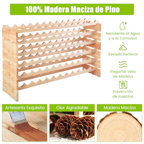 RELAX4LIFE Botellero Vino de Madera de Pino para 72 Botellas con 6 Niveles, Vinoteca Apilable con Diseño Inclinado para Cocina, Salón, Bodega, Bar, Garrafeira, Carga 18kg/Nivel, 119x29x71,5cm, Natural - imagen 4