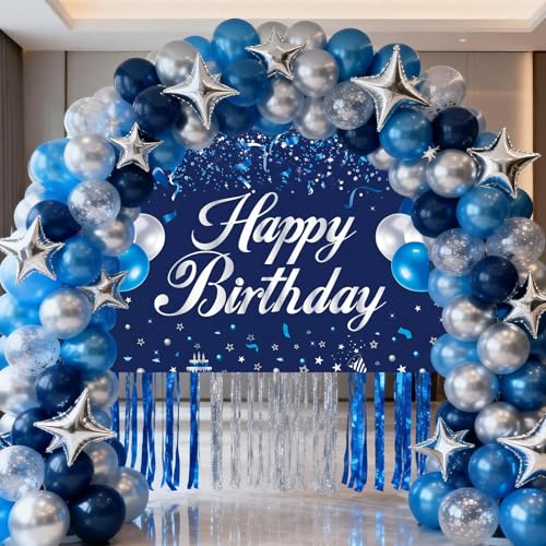 Image of Happy Birthday Backdrop Banner, Blue and Silver Birthdays Banner Backdrop, Happy Birthday Party Decorations Yard Sign Background for Kids Birthdays Party Indoor Outdoor Decorations