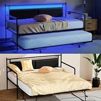 VINGLI Twin Daybed with Pop Up Trundle,Sofa Day Bed with LED Light & Charing Station,Pull Out Bed with Steel Slat Support & Upholstered Headboard, Platform Bed Frame, Black