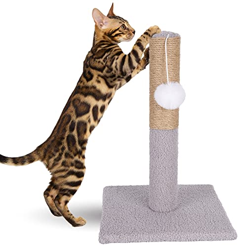 Crea - Albero Tiragraffi in Juta per Gatti con Corda di Sisal Naturale, Palla di Peluche e Palo (Grigio Chiaro, Jim)