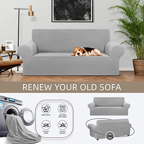 KEKUOU Stretch Loveseat Sofa Cover Slipcover,Couch Covers for 2 Cushion Couch Sofa (55"-78") Furniture Protector Sofa with Elastic Bottom for Kids,Dog. Jacquard Small Checked (Medium,Silver)