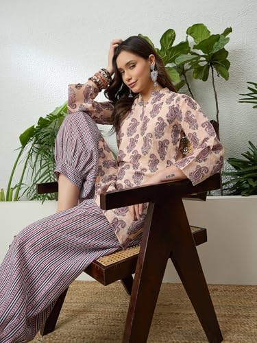 Image of EthnicJunction Women's Linen Floral Print Summer Wear Straight Short Kurti With Afghani Pant Set | Co Ord Set for Women Stylish | Fusion wear Women