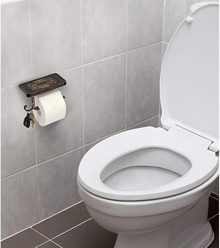 Miniatura 2 de Soporte de papel higiénico con estante para teléfono y gancho, estilo vintage, accesorios de baño reversibles (bronce aceitado)