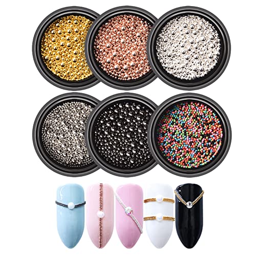 Micro Caviar Beads- 6Boxes Multicolor Mixed Size Nail Art Caviar Beads Pixie Beads Metal Mini Beads Pearl Nail Rhinestones Ball 3D Charms for DIY Nail Art Decorations