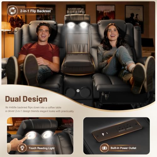 Image of Power Loveseat Recliner Sofa with Console, Wall Hugger Reclining Loveseat with Reading Light, Home Theater Seating with LED Lights, Zero Gravity Recliner Couch for RV Couch and Living Room