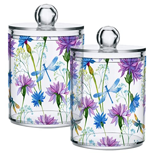2 Pack Qtip Dispenser Apothecary Jars Bathroom Organizer, Watercolor Blue Flowers Dragonflies Qtip Holder Storage Canister Plastic Acrylic Jar for Cotton Ball/Swab/Rounds