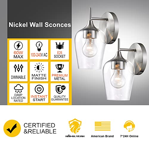Hamilyeah Brushed Nickel Wall Sconces Set Of Two, Modern Bathroom Sconces Wall Lighting With Glass Shade, Farmhouse Mid-Century Vanity Lighting Fixtures For Kitchen, Bedroom, Living Room, Ul Listed #TOP1