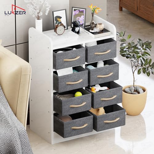 Image of Lukzer 8 Drawer Multipurpose Organizer with Fabric Storage Shelves - Engineered Wood & Fabric Storage Chest | Sturdy Wooden Frame | Elegant Dresser for Bedroom, Closet & Living Room (MR-028 /White)
