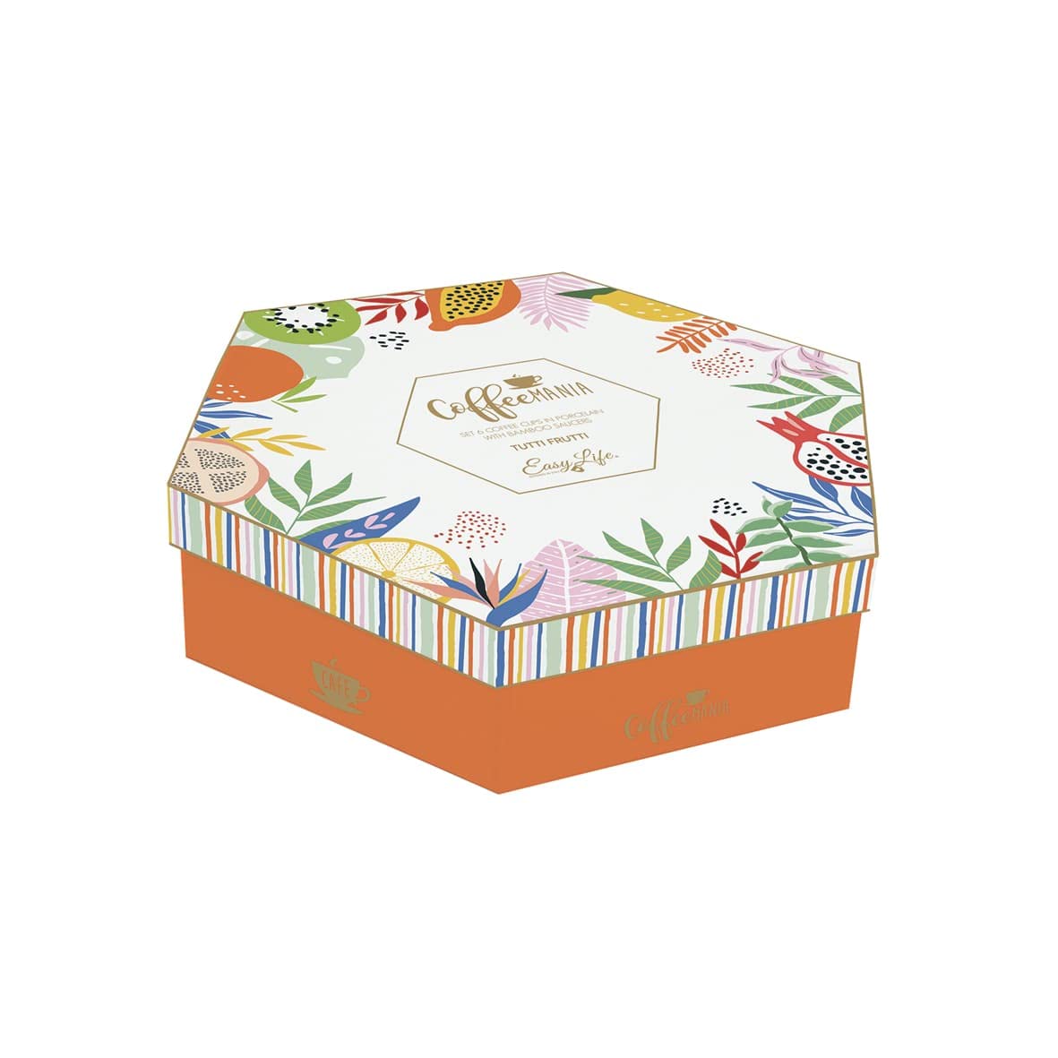 Easy Life - Coffret 6 Tasses A Cafe en Porcelaine sous Tasses en Bois Tutti Frutti - EASYLIFE