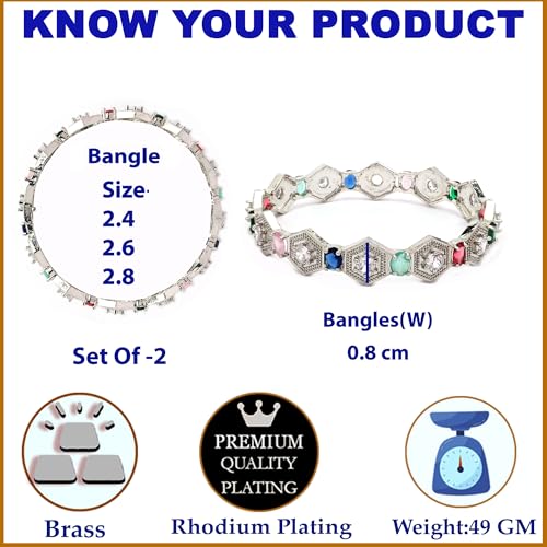 Image of ZENEME Rhodium Plated Silver Toned Geometrical Shaped Multicolor American Diamond Studded Bangles Set Of 2 For Women & Girls