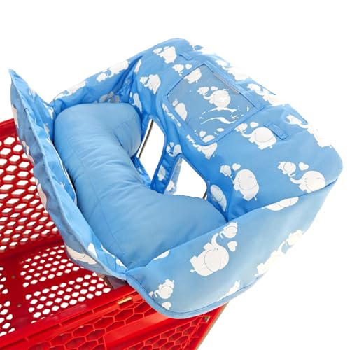 Image of Love&go Soft Pillow Attached 2-in-1 Shopping Cart and High Chair Cover for Baby, Cotton Padded Cart Cover, Fold'n Roll Style, Portable with Carry Bag (Blue Elephant)