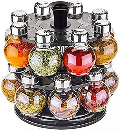Zolix Multipurpose Plastic Big Revolving Spice Rack 16 in 1 Masala Rack Set Condiment Set Spice Container jar bottle Spice Rack unbreakable (GREY), Tabletop, Tiered Shelf