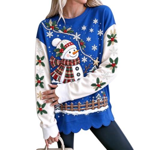 Christmas Sweatshirts for Women Graphic Scalloped Hem Comfy Pullover | Winter Trends for Women 2026, Christmas, Snowman, Cotton, Cozy, Family, School, Weekend, Everyday, Travel, Casual, Work - image 1