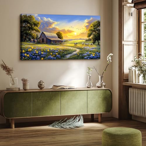 crmotu Rustic Nature Landscape Wall Art, Animal Cow Cottage Large Artwork, Country Meadow Wildflower Canvas Prints, Farm Sunset Aesthetic Pictures Wall Decor Living Room Bedroom Farmhouse 24X48 In