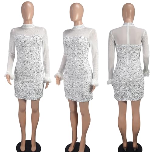 Image of Jigfar Women's Sexy Elegant Rhinestone Mesh See Through Bodycon Party Club Night Mini Dress(FY9272,White,S)