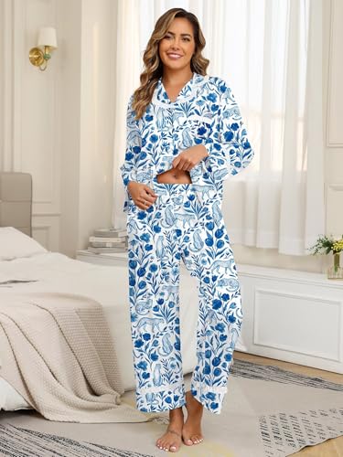 Image of Jusfitsu Women's Silk Satin Pajamas Long Sleeve Ruffle Button Down Pjs Sets