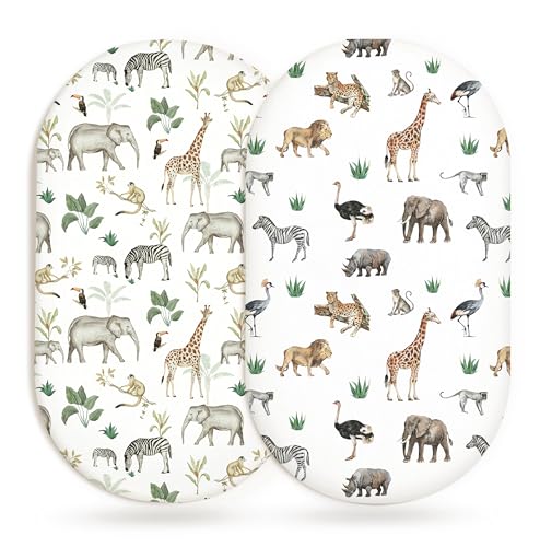 Image of Bassinet Sheets for Baby Girls Boys 2 Pack, Fitted Baby Mattress Sheet for Rectangle, Oval, Hourglass Bassinet Mattress, Breathable Cozy & Universal Fit (Jungle Journey, Bassinet Sheet)